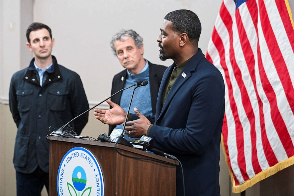 Environmental Protection Agency (EPA) Administrator Michael Regan speaks during a press conference after inspecting the site of a train derailment of hazardous material in East Palestine, Ohio, Feb. 16, 2023.